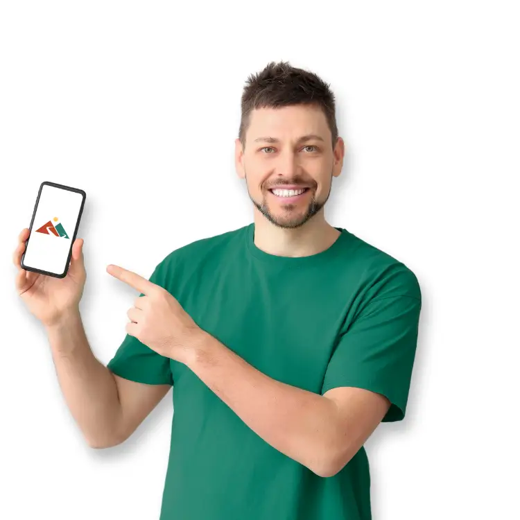 Las Cruces web design team member in green shirt smiling while pointing at smartphone displaying the Rio Grande Marketing Agency logo. The logo is visible on the phone screen, showcasing our mobile-responsive web design.
