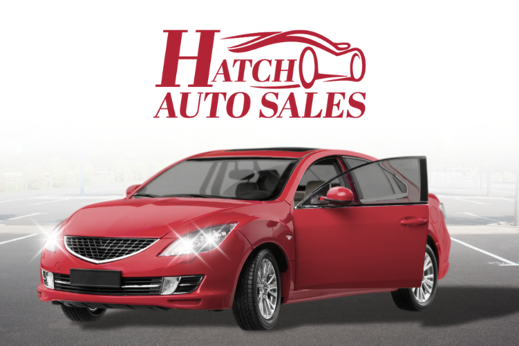 Hatch Auto Sales website showcase featuring dealership logo and red car on a clean white background